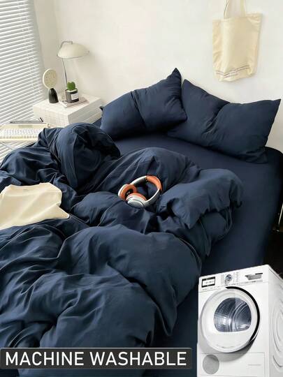 3pcs Navy Blue Solid Simple Comfortable Soft Breathable Duvet Cover Set (1*Duvet Cover + 2*Pillow Shams), Suitable For Bedroom & Guest Room, Machine Washable, All Season