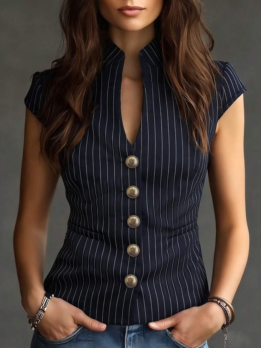 女士优雅都市现代休闲通勤海军蓝白条纹单排扣衬衫，饰有仿口袋设计和V领。女士优雅办公/工作上衣、度假沙滩上衣、夏季开衫、户外上衣、蓝白条纹衬衫、修身衬衫。 - 深藍色 - 查看 1