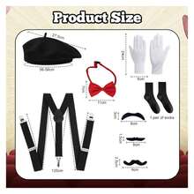 Conjunto de 8 peças de acessórios para fantasia de mímico francês | Adequado para homens e mulheres, inclui boina preta, meias, luvas, suspensórios, gravata e barba falsa para festas de carnaval, fantasias e brincadeiras de faz de conta. - Multicolorido - Ver 2