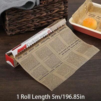 ロールアップ ビンテージ新聞柄 ベーキングパーチメントペーパー、外層にパイ生地グレードのベーキングペーパーライニング。 非粘着性、耐熱性、防水性。 エアフライヤー用ベーキングに最適。キッチンアクセサリー。