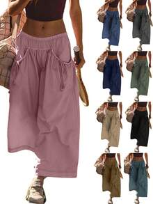 Women's Loose Wide Leg Track Pants Elastic Waist Drawstring Capri Hiking Pants With Pockets - 灰粉紅色 - 查看 1
