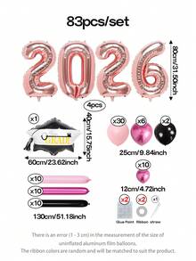 83件/套 2026毕业派对装饰，32英寸玫瑰金数字2026气球，10英寸金属粉/黑/浅粉乳胶气球，适用于2026届毕业典礼、毕业舞会、毕业帽铝箔气球 - 查看 2