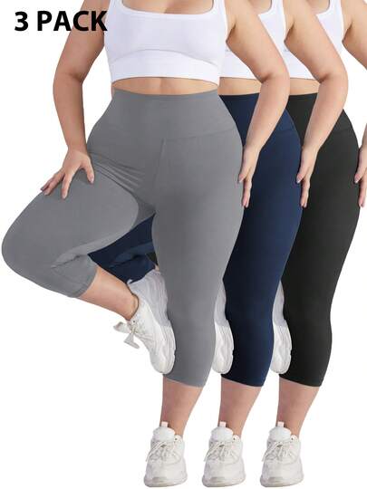 3pcs Plus Size Women's Leggings, Black Skinny Pants, Yoga Pants, Comfortable Fitted Trousers, Women's Autumn Clothing, Women's Casual Sports Pants