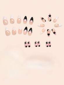 24pcs/Set Y2K Medium Almond Shaped Nail Stickers, White French Stiletto Acrylic Nails With Star Rhinestone Design, Includes 1pc Jelly Gel And 1pc Nail File, Suitable For Women And Girls, Daily And Party Nail Art, Random Jelly Gel - Multicolor - View 3