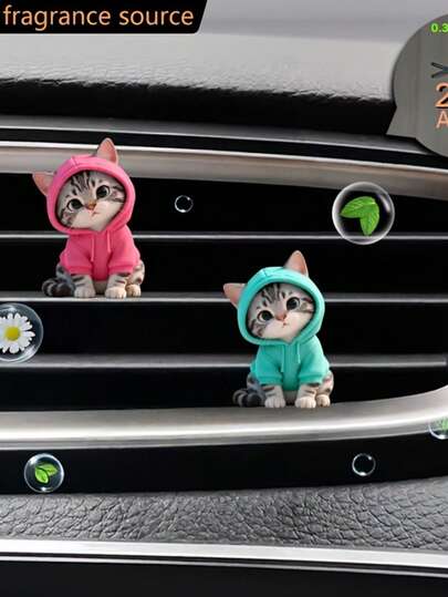 2件装亚克力可爱猫咪粉色和绿色连帽衫图案，适用于汽车通风口、汽车内饰配件、汽车香氛扩散器，情人节礼物、新年礼物