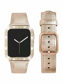 2pcs Compatible With Apple Watch Bands + Protective Case Set, Rose Gold PC Hard Material Bezel Frame Without Screen Protector, Anti-Collision Anti-Scratch Watch Protective Case, Paired With Soft Comfortable Champagne Leather Band, Compatible With Ultra 3 2 1 S10 /SE/ S9/ S8/ S7/ S6/ S5/ S4/ S3/ S2/ S1, Essential Accessory For Men And Women For Summer Beach, Party, Mother's Day, Teacher's Day, Graduation Season - Champagne - View 2