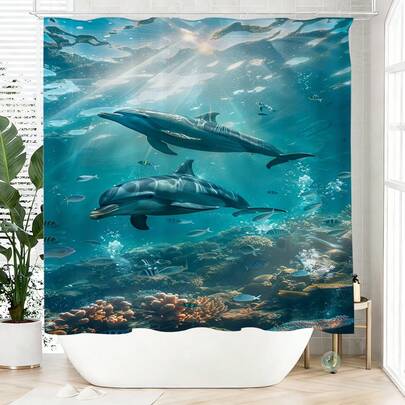 1pc Ocean Elements Shower Curtain With 2 Dolphins, Made Of Polyester, Waterproof, Non-Shading, Suitable For Home And Bathroom Decor, Comes With 12 Hooks.