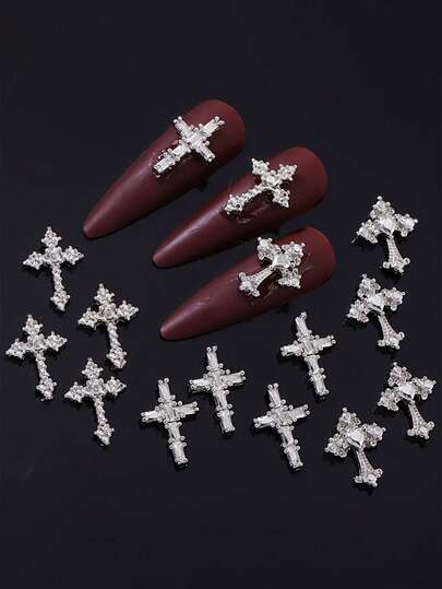 60 Classic European And American Style Luxurious Cross-Shaped Nail Art Accessories, 3 Mixed Styles, Dark Gothic Style, 3D Simple And Versatile Nail Art Accessories, Y2K Retro Style Cross Nail Jewelry, Suitable For Girls And Women's Nail Decoration