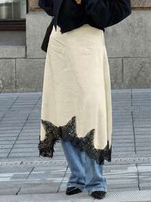 女士春夏优雅缎面撞色蕾丝边不对称半身裙，光泽亮丽，简约时尚，适合休闲和约会穿着。 - 杏色 - 查看 4