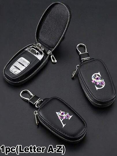 Minimalist Style Keychain, 26 Letter Z Floral Print Key Holder, PU Leather Key Pouch Wallet With Zipper Pocket, Key Organizer For Home Office, Valentine's Day Graduation Teacher's Day Gift, Unisex Design, Travel Accessory, Exquisite Decoration, High-Quality Craftsmanship, Professional Accessory, Gift For Men And Women