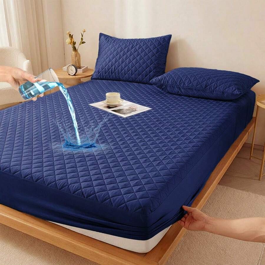 AVXLRQ Warm Waterproof Mattress Protector, Non-Slip Thickened Solid Color Quilted Bed Cover With, Deep Pocket (Soft & Comfortable), Can Be Used As A Separate Bedspread, Ideal For Bedroom, Guest Room And Hotel Mattress Protection, Optional With Pillowcase - Màu xanh lam - Xem 1