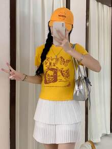 復古人像與字母印花短袖T恤，獨特設計女款夏季休閒上衣，黃色 - 黃色 - 查看 2