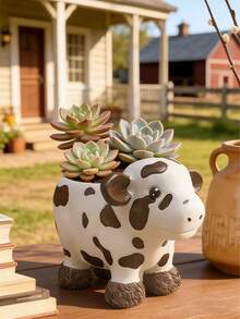 可爱奶牛树脂多肉植物花盆，萌趣动物造型，带排水孔，适合室内植物，乡村风格装饰，可放置于桌面、书架、露台、花园，是送给植物爱好者的绝佳礼物，采用耐用轻便的树脂材质，是家居、办公室和户外空间的理想之选。 - 彩色 - 查看 2