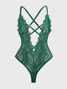 新款性感蓝色蕾丝连体裤，半透明深V交叉露背性感内衣，情人节惊喜礼物，派对装扮 - 墨綠色 - 查看 5