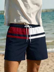 Whitmere Men's Letter Print Polyester Swim Trunks, Vacation, Drawstring, Pocket, Multicolor, Board Shorts, Casual, Comfortable, Versatile, Daily Wear, Gift For Father/ Husband - Multicolor - View 1