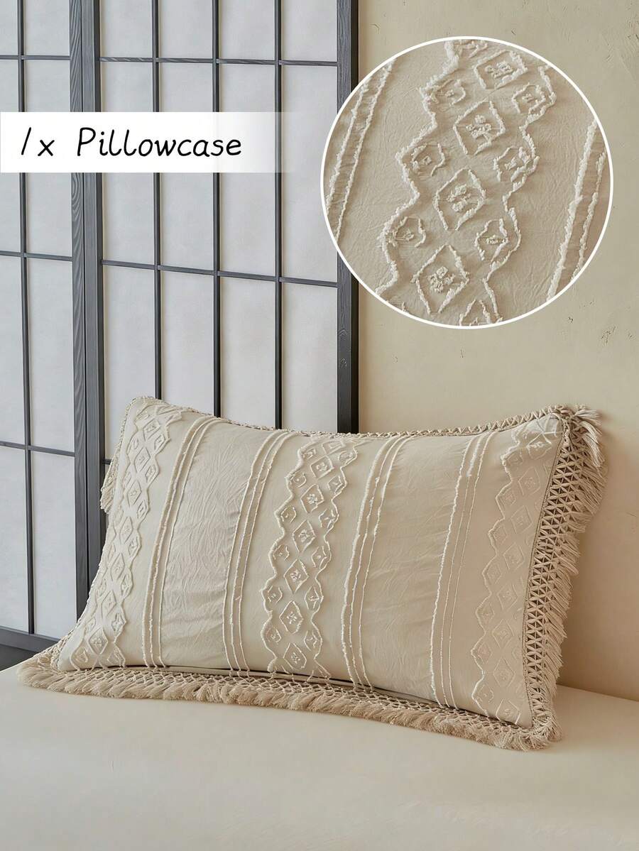 1pc Bohemian Style Tufted Jacquard Embroidered Decorative Pillow Case With Tassels, Khaki Vintage Unique Throw Pillow Cover For Sofa, Suitable For All Seasons, Home Decor, Soft & Breathable, Machine Washable, Great Gift, Pillow Insert Not Included - Khaki - View 1