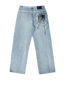 Fashion Streetwear Hip-Hop Spider Web Embroidery Straight Loose Wide Leg Denim Jeans For Men, Back Pocket Embroidery Fake Pocket Design - Blue - View 4