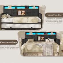 Litera Individual Con Cama Extra Con Cabecera + Enchufe, no Necesita somier, fácil Montaje - Negro - Ver 7
