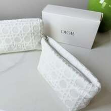Christian Dior White Woven Plaid Cosmetic Bag, 3D Diamond Grid Pattern With Circular Weave Texture, Embossed Logo, Silver Metal Zipper, Made Of 100% Polyester (RPET) Durable Material. Soft White Satin Lining To Effectively Protect Cosmetics. - White - View 6