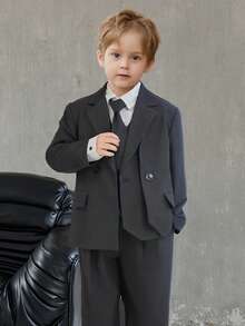 4pcs Young Boys Suit Set, Includes Jacket + Vest + Pants + Tie, Unique Design, Suitable For Festivals, Weddings, Pageants - Black - View 4