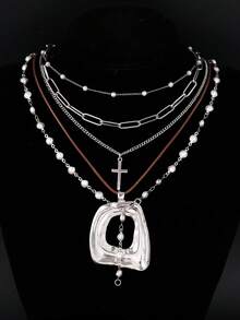 17KM 5件套简约时尚夸张银色极简粗链十字方吊坠项链套装，长款Y字链，适合女性、情侣、度假、约会、日常、派对、婚礼，可作为送给女友、母亲的礼物 - 彩色 - 查看 3