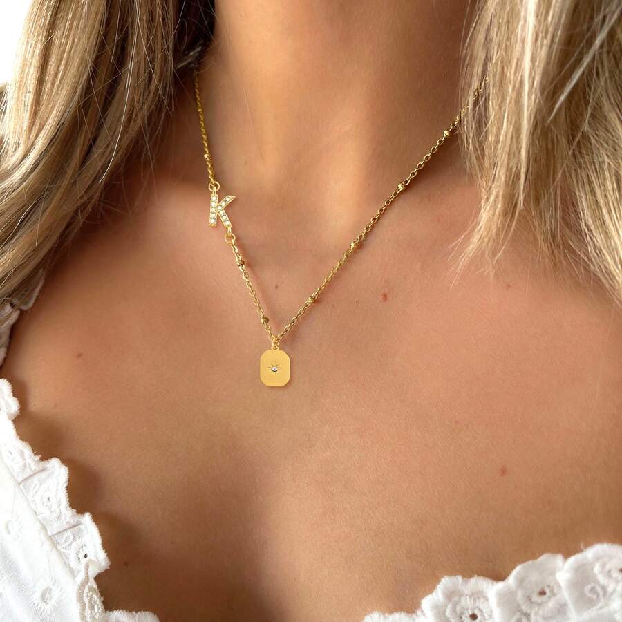 1件装时尚简约字母方块太阳吊坠金色不锈钢珠链项链，女士款 - 金黃色 - 查看 1