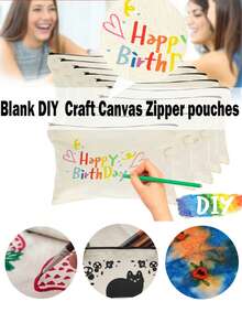 50/20/10/5件套空白帆布铅笔盒化妆包，带彩色拉链，DIY刺绣绘画升华空白帆布袋，学校用品拉链袋，创意派对绘画礼品袋，适用于生日、节日、母亲节、情人节、复活节、开斋节、宰牲节，可重复使用糖果袋，旅行收纳袋 - 米色 - 查看 6