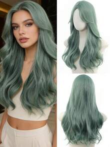 24英寸草绿色长卷发假发，带八个个性刘海，耐热纤维合成卷发假发，适合圣帕特里克节女性角色扮演、音乐节等场合佩戴 - 彩色 - 查看 9