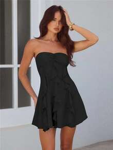 性感时尚不对称荷叶边迷你连衣裙，春夏新品 - 黑色 - 查看 7