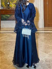 Plus Size Lace Abaya Set, Includes Slip Dress, 2 Pieces Set, Elegant & Dignified Abaya With Lace Trim - Navy Blue - View 2