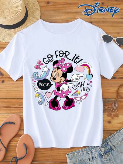 Disney 1pc Women's Cartoon Mouse Print Short Sleeve T-Shirt, Round Neck, Stretchy, Easy Care Material, Suitable For Daily Wear, Fashionable Women's Short Sleeve T-Shirt, Casual Wear