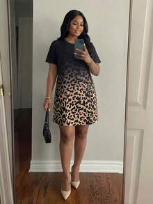 Plus Size Women Leopard Print Round Neck Loose Casual Short Sleeve Dress Elegant Summer - Multicolor - View 5