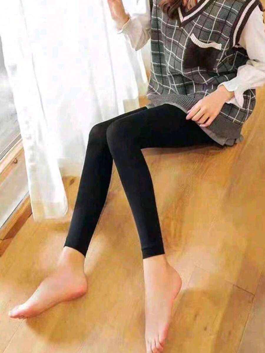 1pc Women's Black Thermal Lining Leggings, Stretchy Slim Fit Fleece Tights, Suitable For Spring And Autumn - Black - View 1