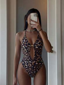 Women's Leopard Print Backless One Piece Swimsuit, High Elasticity Fabric Vacation Beach - Multicolor - View 2