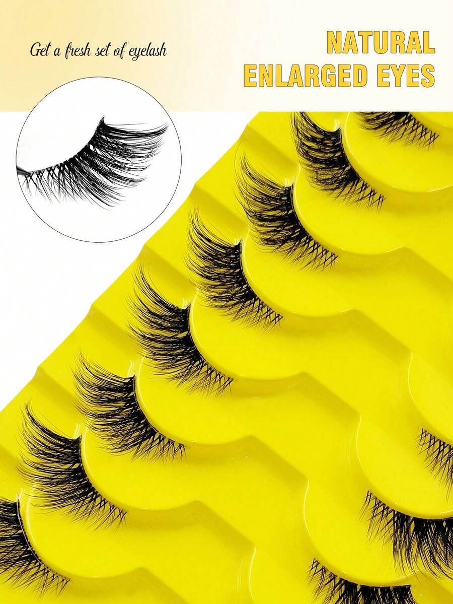 10/20对自然半猫眼透明假睫毛，蓬松轻盈3D逼真假睫毛条，适合角色扮演、开斋节、派对、婚礼、伴娘、旅行、度假、海滩妆容 - 黑色 - 查看 1