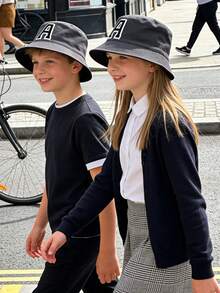 1pc A-Z Letter Embroidered Breathable Casual Bucket Hat, Sun Protection Hat For Children Aged 3-16 Years Old - Black - View 2