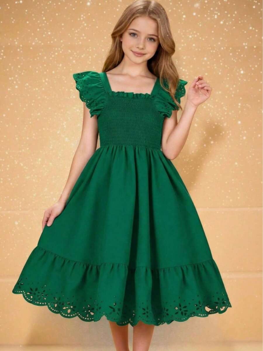 Tween Girls' Solid Color Shirred Floral Ruffle Hem Casual Dress - Green - View 1