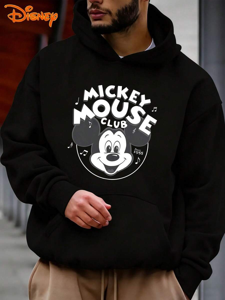 Disney Men's Casual Hoodie, "Mickey Mouse Club" Print, Nostalgic Music Design, Relaxed Fit, Perfect For Classic Fans - Black - View 1