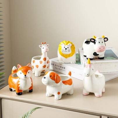 1pc Minimalist Cute Cartoon Animal Succulent Planter, Creative Coarse Pottery Breathable Small Flower Pot, Home Decor