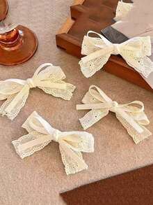 1-4个装 女士米色蕾丝刺绣蝴蝶结发夹，侧刘海夹，马尾夹，甜美日常佩戴发饰 - 蕾絲-雙層米色髮夾 - 查看 3