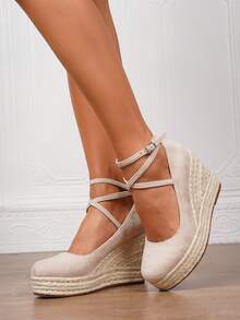 女士仿皮坡跟凉鞋，夏季度假款，方头套脚式，3.15英寸鞋跟，舒适编织镂空鞋，尺码34-43 - 杏色 - 查看 8