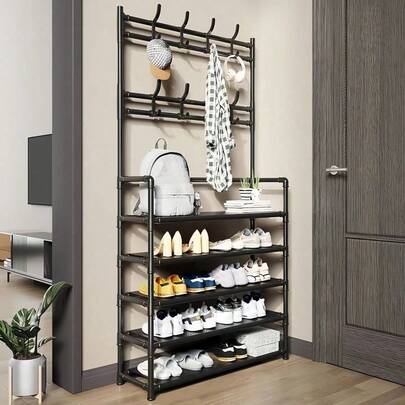 4-Tier/5-Tier Independent Metal Shoe Rack (Shoe Rack Material: Non-Woven Fabric), Can Be Used As Hat Rack, Multi-Function Outdoor Storage Rack, Independent Wardrobe Hanging Rack, Multi-Layer Indoor Shoe Rack, Equipped With 8 Stainless Steel Dual Hooks Shoe & Hat Combination Rack, 3-In-1 Space-Saving Storage Rack, Suitable For Bedroom, Living Room, Behind The Door, Corridor, Can Be Used As Hat Rack, Shoe Rack, Portable Wardrobe, Luggage Storage Rack.