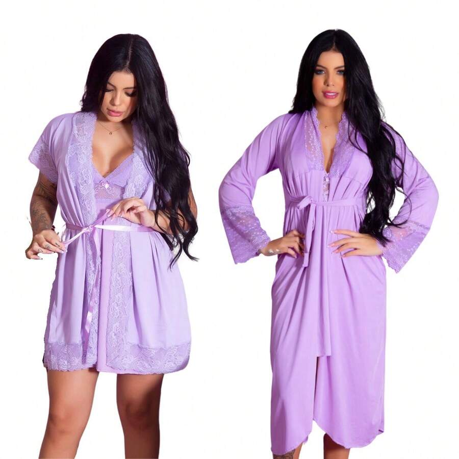 Kit Camisola e Robe Longos Camisola e Robe Curtos Amamentação Elegante Confortavel - Lilás/Lilás - Visão 1