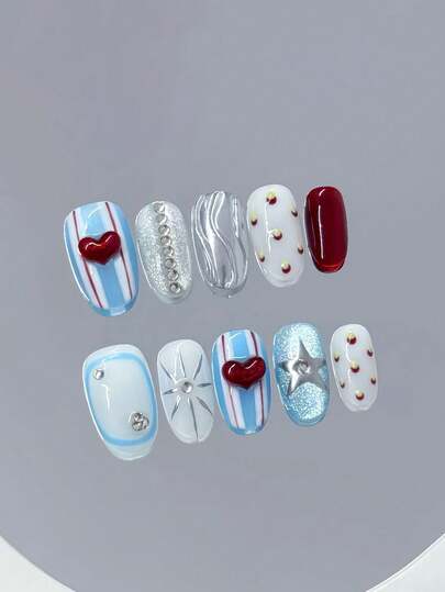 10 piezas de uñas postizas acrílicas hechas a mano para el Día de San Valentín, estilo Y2K punk, de color plateado metálico y corazón rojo, uñas falsas cortas ovaladas para festivales de música y citas con estilo, suministros de arte de uñas DIY, reutilizables, con pegamento de gelatina y lima de uñas