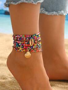 波西米亚风多层彩色玻璃珠脚链，配海星吊坠，是送给女性的理想礼物 - 彩色 - 查看 1