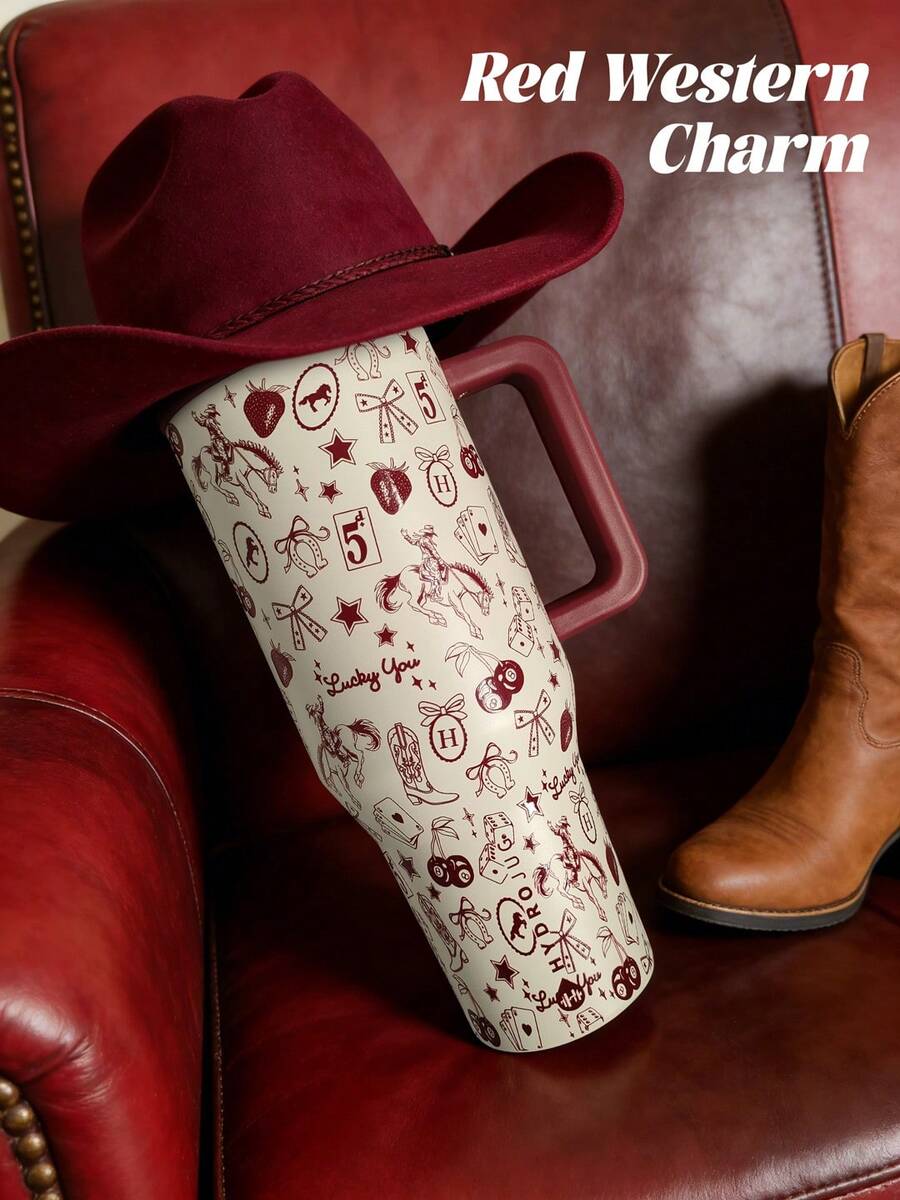 HYDROJUGs 40oz / 1183ml Red Western Charm Limited Edition Large Capacity Stainless Steel Water Bottle With Straw. Take This Water Bottle And Let's Go And Experience The Charm Of The West Together. Exquisite Red Western Cowboy Pattern.With The Straw Down, Equipped With A Flip-Straw Lid For Smooth Sipping. It Is Very Suitable For Both Hot And Cold Drinks, Coffee, Tea, And Water. Perfect For Students And Office Workers. It Is Also Very Suitable For Sports, Outdoor Activities, Camping And Traveling. [ Christmas Gifts ] - 紅牛仔 - 查看 1