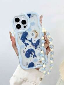1pc Cream Textured Wavy Edge Glossy Whale Painted Anti-Drop Phone Case + Beaded Bracelet, Suitable For IPhone11/12/13/14/15/16/17/PROMAX - Multicolor - View 1