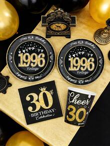 30 pièces/set Fournitures pour fête d'anniversaire de 30 ans, thème vintage 1996 Vaisselle, assiettes, serviettes, gobelets, vaisselle noire et dorée, unisexe - 1966 - Voir 3