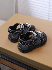 2025 Summer New Metal Flower & Rhinestone Sandals For Girls, Hook And Loop Soft Non-Slip Breathable Beach Shoes, Toddler & Little Kids Casual Shoes - Black - View 6