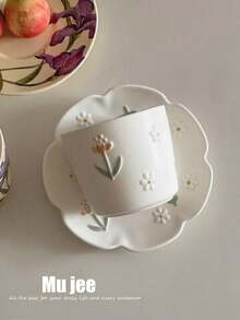 240ml Ceramic Floral Embossed Iced Tea Cup With Saucer, Unique Hand-Hold Cup, Medium Coffee Mug, Tea Cup, Household Water Glass, Back To School Gift Set - Multicolor - View 9